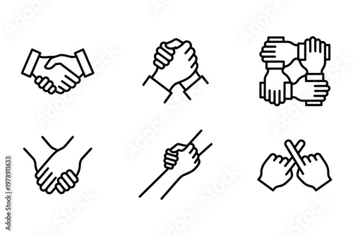 Handshake and unity hand icons representing partnership and agreement with handshake agreement partnership teamwork business collaboration friendship