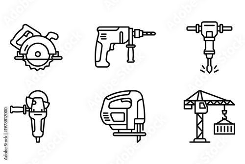 Construction and industrial tool icons set with power tool hand construction industrial equipment jackhammer building industry machinery hardware