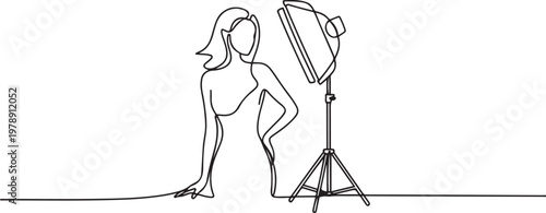 Continuous Female model photography using soft box Light in studio Isolated. one line art icon drawing vector