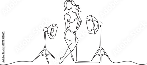 Continuous Female model photography using soft box Light in studio Isolated. one line art icon drawing vector