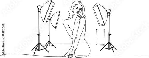 Continuous Female model photography using soft box Light in studio Isolated. one line art icon drawing vector