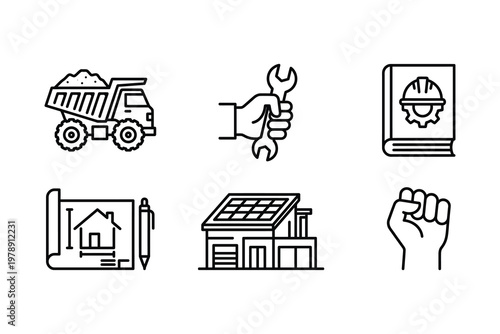 Construction and engineering icons with dump truck solar panel construction site civil engineering illustration building