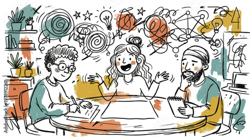 Creative team brainstorming session with abstract thought clouds, complex scribbles, and lightbulbs in a sketchy hand-drawn illustration style
