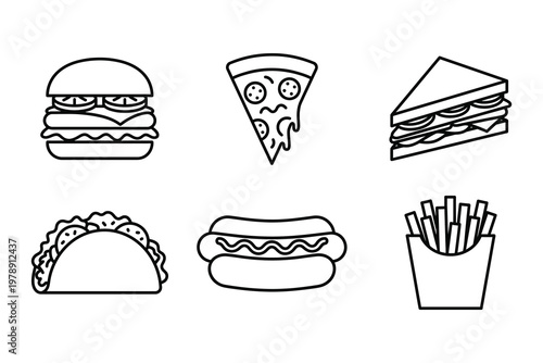 Fast food icons set with hot dog french fries junk food snack time comfort court fast casual illustration hamburger sandwich takeaway