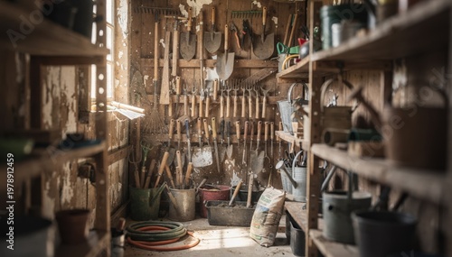 Medium shot of a lightly cluttered tool storage shed with rows of gardening equipment sharply focused while the background shelves fade softly into blur.