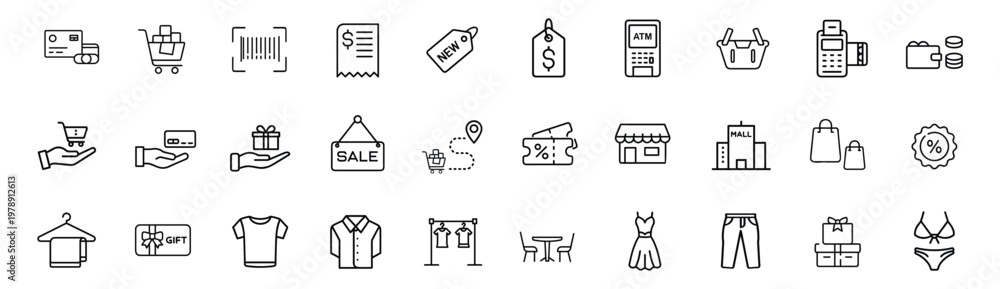 Fototapeta premium Shopping and retail line icons set featuring credit card, shopping cart, barcode scanner, payment receipt, atm machine, store front, and gift card vector illustration with editable stroke.