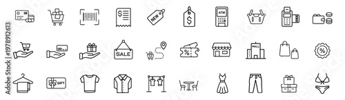Shopping and retail line icons set featuring credit card, shopping cart, barcode scanner, payment receipt, atm machine, store front, and gift card vector illustration with editable stroke.