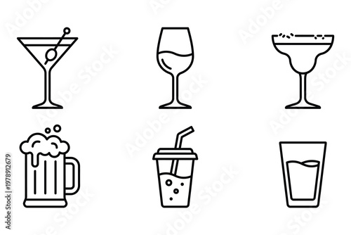 Beverage and drink icons with wine glass beer mug cold drink hot food service menu beverages illustration cocktail drinkware restaurant