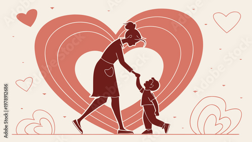 A heartwarming vector illustration of a mother and child holding hands in front of a large heart