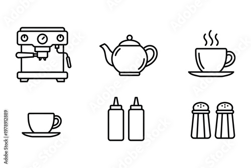 Coffee shop and restaurant icons with coffee maker espresso machine hot beverage sauce bottles salt shaker pepper shaker food service restaurant