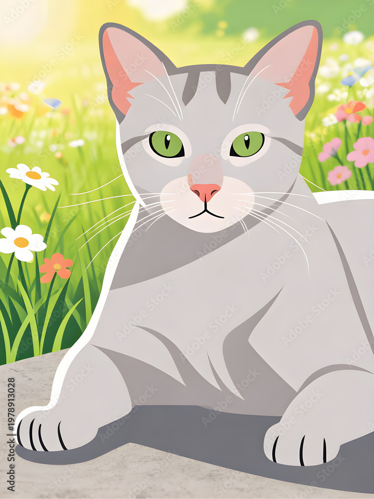Fototapeta premium Cartoon Illustration of a Grey Tabby Cat in a Sunny Flower Meadow