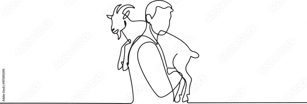 Fototapeta premium Continuous Line Art Man Carrying Goat, Minimalist Vector Illustration on Isolated Background for Poster Decoration. one line art icon drawing vector