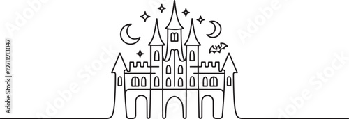 Continuous lineart castle palace for Happy Halloween day celebration. one line art icon drawing vector