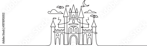 Continuous lineart castle palace for Happy Halloween day celebration. one line art icon drawing vector
