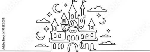 Continuous lineart castle palace for Happy Halloween day celebration. one line art icon drawing vector