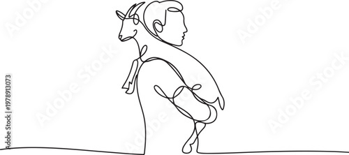 Continuous Line Art Man Carrying Goat, Minimalist Vector Illustration on Isolated Background for Poster Decoration. one line art icon drawing vector