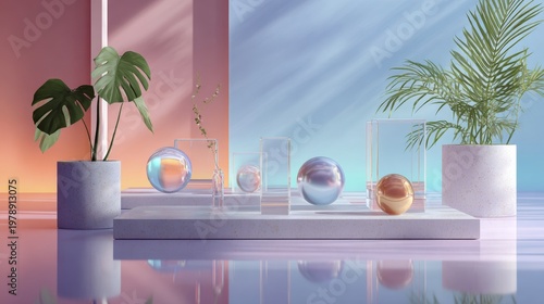 Minimal interior with plants and glass objects arranged in pastel composition with soft light and modern aesthetic design scene