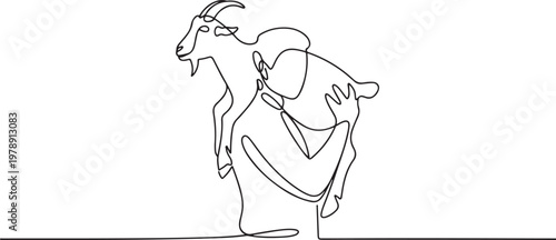 Continuous Line Art Man Carrying Goat, Minimalist Vector Illustration on Isolated Background for Poster Decoration. one line art icon drawing vector