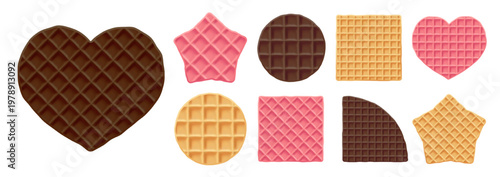 Heart-shaped chocolate waffle cracker pancakes, pink square waffle. Brunch pattern with round stroopwafel creamy biscuit, circle star vector icon. Dutch coffles texture of realistic 3d graham cookies