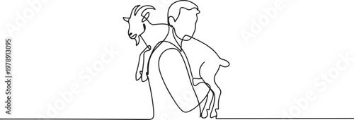 Continuous Line Art Man Carrying Goat, Minimalist Vector Illustration on Isolated Background for Poster Decoration. one line art icon drawing vector