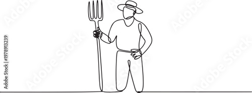 Continuous single line sketch drawing of farmer man worker holding fork farming tool. one line icon drawing vector