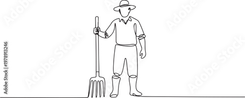 Continuous single line sketch drawing of farmer man worker holding fork farming tool. one line icon drawing vector