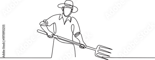 Continuous single line sketch drawing of farmer man worker holding fork farming tool. one line icon drawing vector