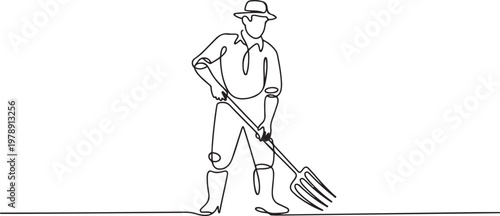 Continuous single line sketch drawing of farmer man worker holding fork farming tool. one line icon drawing vector