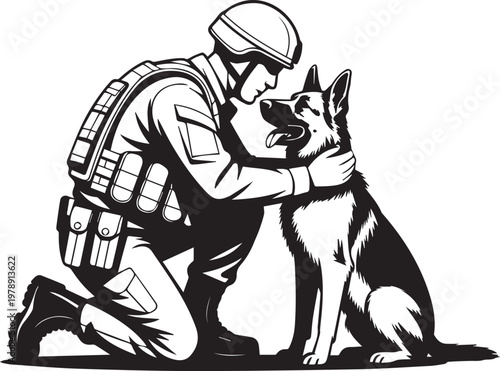 Illustration showing soldier in tactical gear kneeling and petting faithful german shepherd military dog on white background for concept