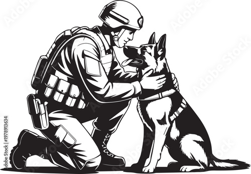 Kneeling soldier stroking loyal police dog canine partner illustration monochrome vector silhouette design for military tactical service concept