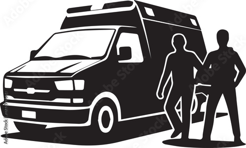 Medical emergency service illustration showing ambulance vehicle and two paramedics in silhouette ready for action on white background isolated