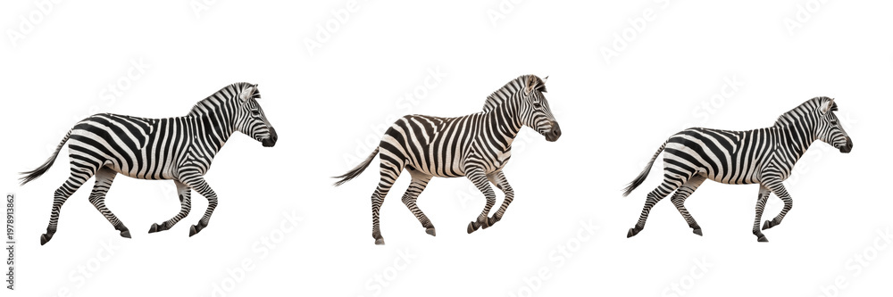 Obraz premium Set of Three African Plains Zebras Running and Galloping Isolated on White Background for Wildlife Png