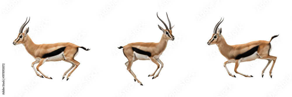 Fototapeta premium Set of Three Thompson Gazelles Jumping and Running Isolated on White Background for Wildlife Design Png