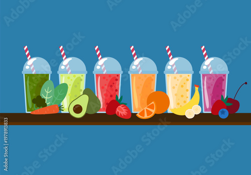 Set of smoothies. Balanced Vegan Diet & Sustainable Lifestyle. Set of various fresh fruit smoothies