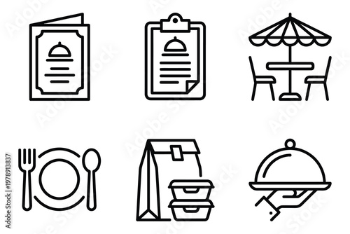 Restaurant and takeaway food service icons with outdoor dining plate and cutlery takeaway bag clipboard restaurant illustration nourishment