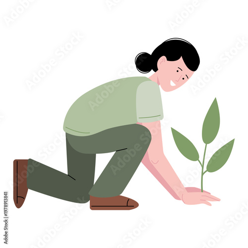 Tree planting. Growing a young plant. Ecology volunteering concept. Design for ecology activism