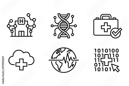 Collection of six medical and technology icons with hospital network DNA strand first aid kit cloud with plus earth heartbeat binary code technology