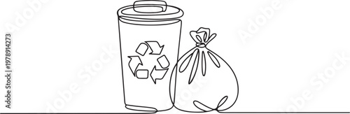 Continuous single line sketch drawing of recycle bin dustbin rubbish bin and trash garbage bag home appliance kitchenware tools. one line icon drawing vector