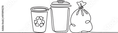Continuous single line sketch drawing of recycle bin dustbin rubbish bin and trash garbage bag home appliance kitchenware tools. one line icon drawing vector
