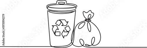 Continuous single line sketch drawing of recycle bin dustbin rubbish bin and trash garbage bag home appliance kitchenware tools. one line icon drawing vector