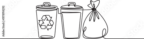 Continuous single line sketch drawing of recycle bin dustbin rubbish bin and trash garbage bag home appliance kitchenware tools. one line icon drawing vector