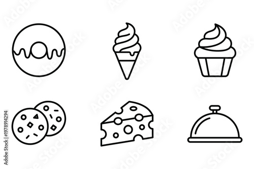 Assortment of six sweet treat icons with ice cream cone food cloche food and drink illustration nourishment confectionery