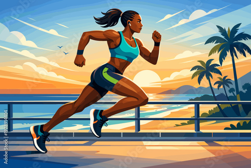 Fit woman with athletic build running along a scenic beach promenade at sunrise
