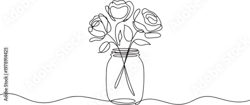 Continuous single line of beautiful romantic aesthetic flower in vase glass jar. one line art icon drawing vector