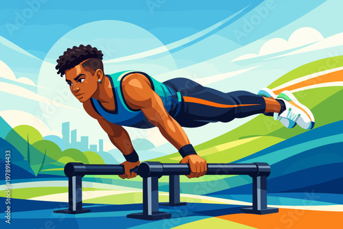 Fit man doing a challenging dip exercise on parallel bars outdoors