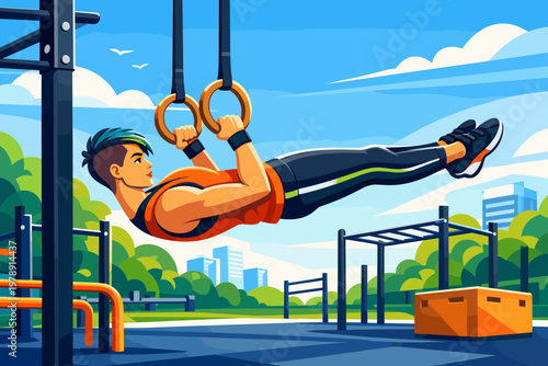 Man performing gymnastic rings exercise at outdoor fitness park