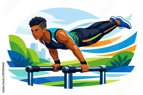 Athletic man performing a handstand on parallel bars with a city skyline in the background