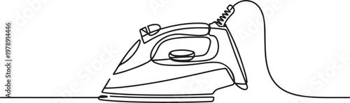 Continuous single line of electric iron clothes home appliance. one line art icon drawing vector