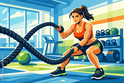 Fit woman performing battle rope exercises in a modern gym setting