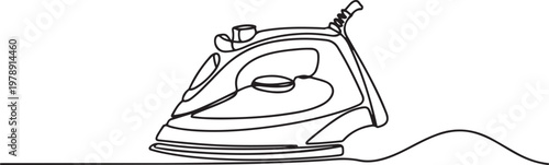 Continuous single line of electric iron clothes home appliance. one line art icon drawing vector